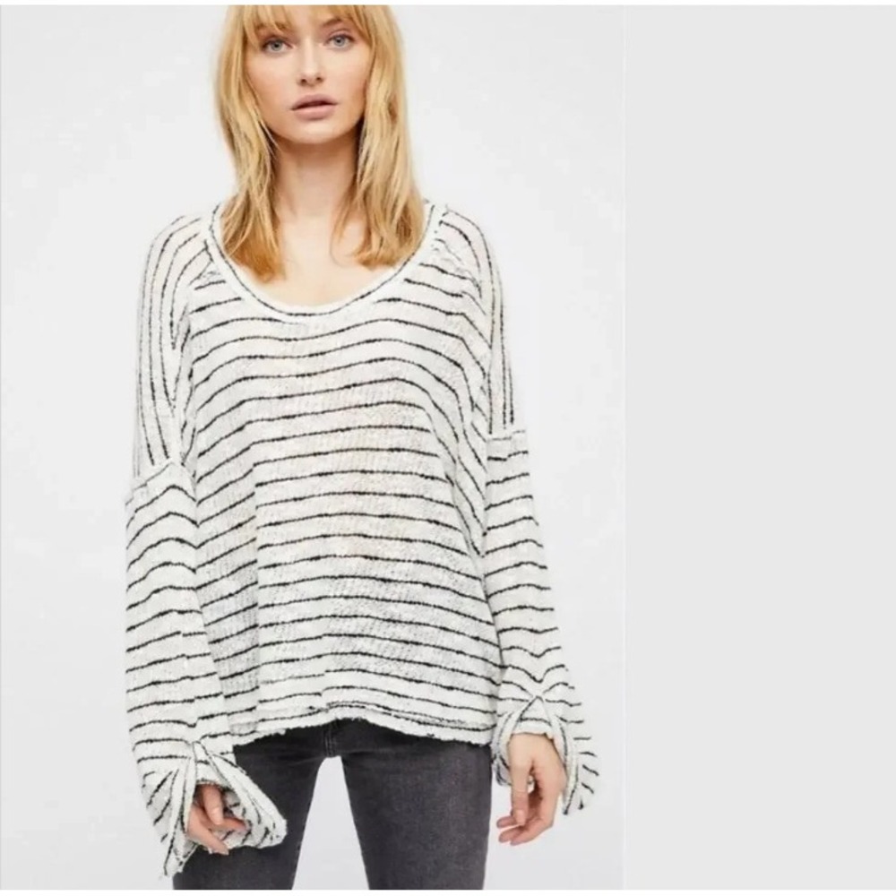 We The Free Women L Island Girl Hacci Pullover Sweater White Striped Waffle Knit